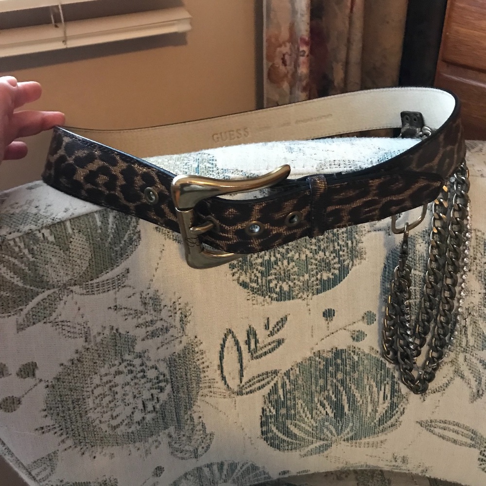 Guess Leopard Belt with Chain Drop — size Large, leather